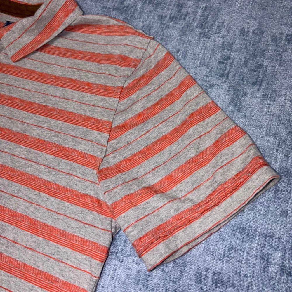 The North Face Mens Large Polo Shirt Grey Orange Striped Short Sleeve Cotton L